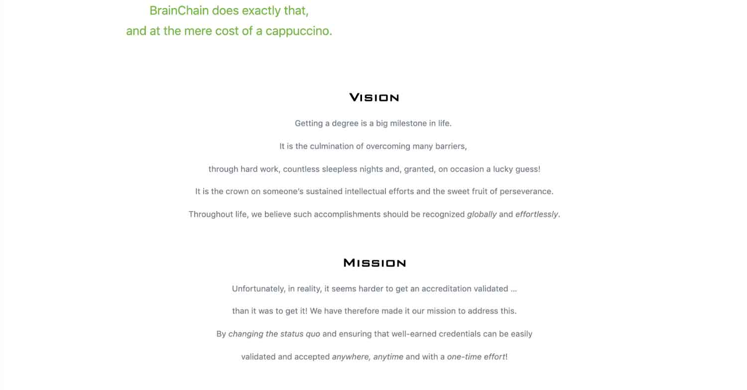 Brain Chain Mission website Development home page 2 